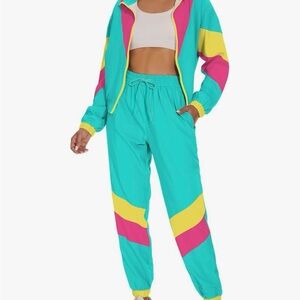 Women's Color Block 2 Piece 80s 90s Outfits Long Sleeve Windbreaker Jacket Mint